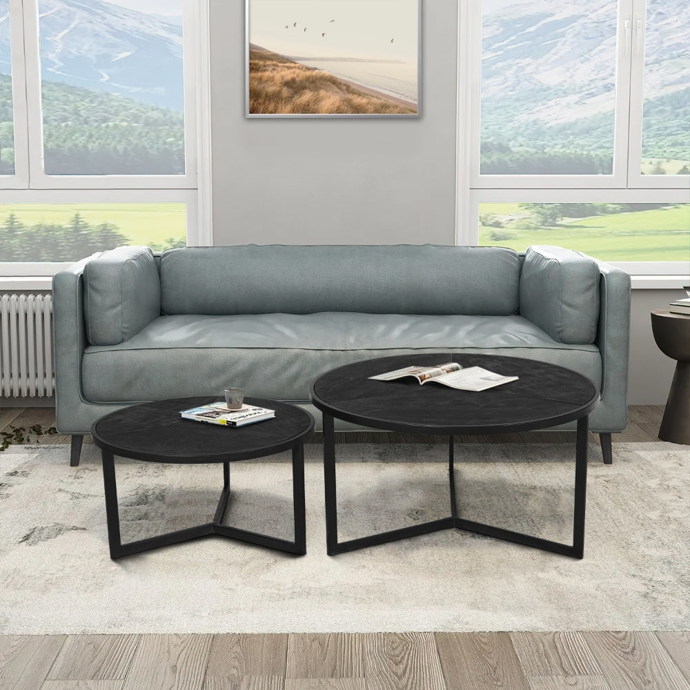 28 20 Inch Round Nesting Coffee Table Set Of 2 Handcrafted Mango Wood Charcoal Gray Top Black Iron Base By The Urban Port UPT-282966