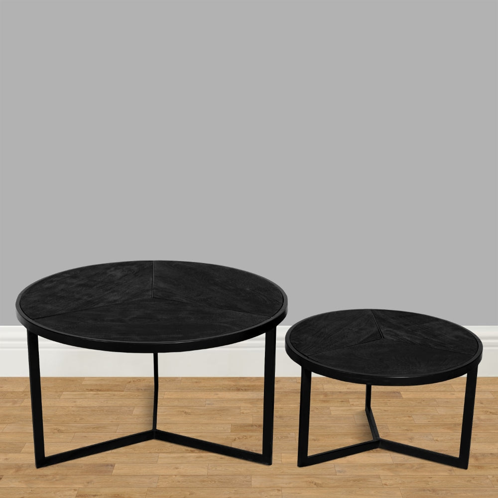 28 20 Inch Round Nesting Coffee Table Set Of 2 Handcrafted Mango Wood Charcoal Gray Top Black Iron Base By The Urban Port UPT-282966