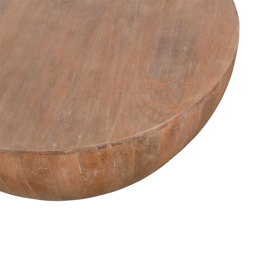 Drum Shape Wooden Coffee Table with Plank Design Base Distressed Brown By The Urban Port UPT-32182