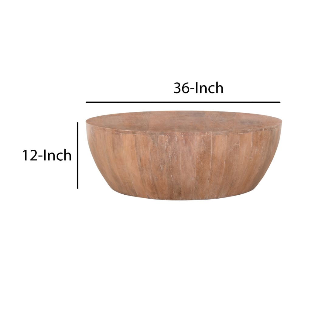 Drum Shape Wooden Coffee Table with Plank Design Base Distressed Brown By The Urban Port UPT-32182