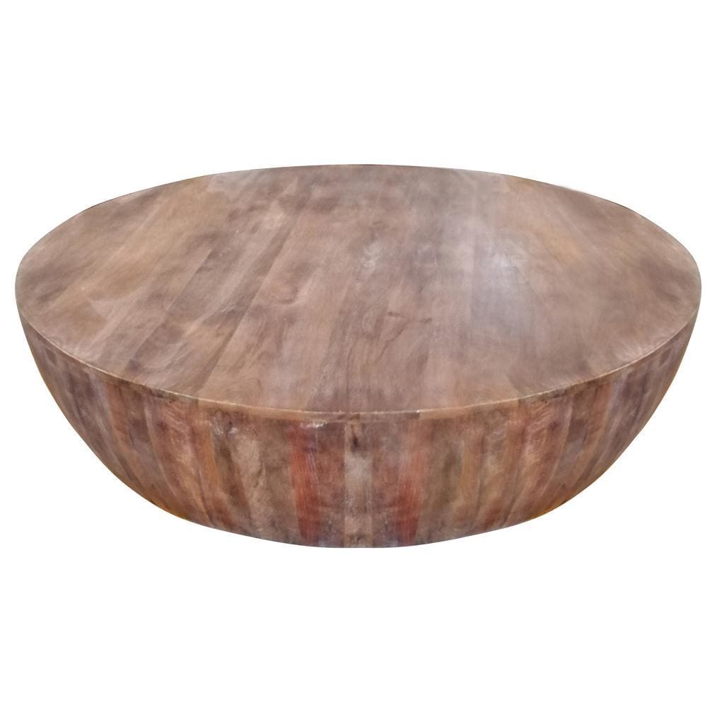 Handcarved Drum Shape Round Top Mango Wood Distressed Wooden Coffee Table Brown By The Urban Port UPT-32184