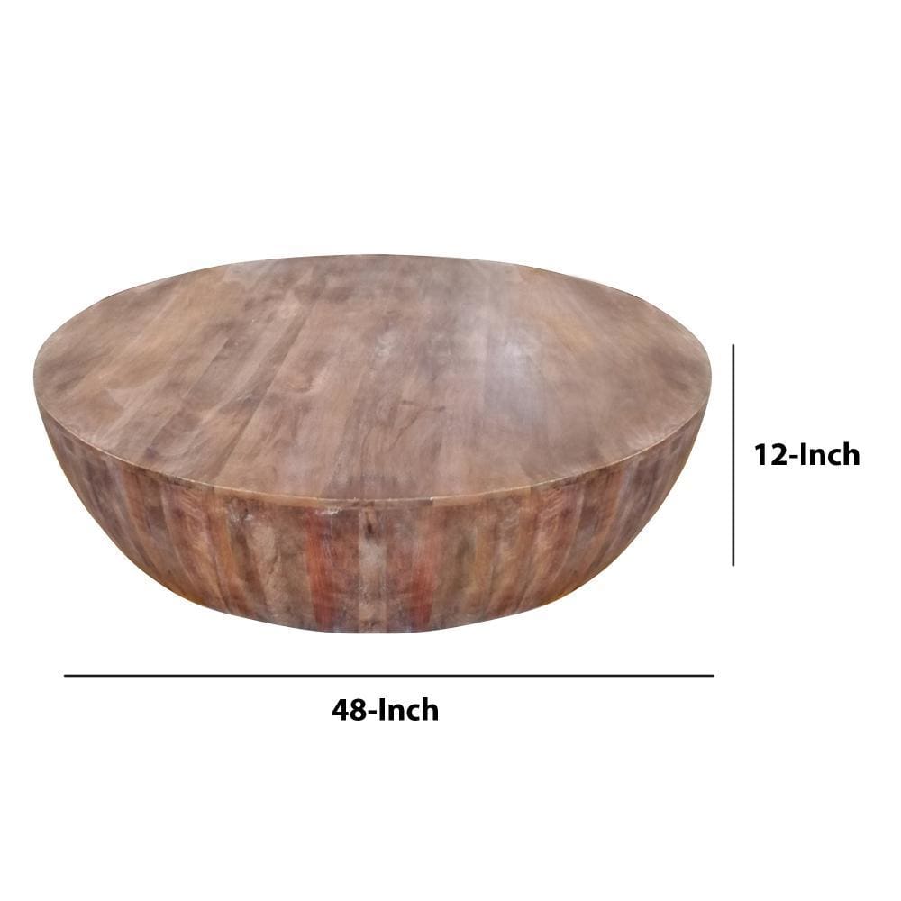 Handcarved Drum Shape Round Top Mango Wood Distressed Wooden Coffee Table Brown By The Urban Port UPT-32184