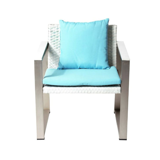 Anodized Aluminum Upholstered Cushioned Chair with Rattan, White/Turquoise