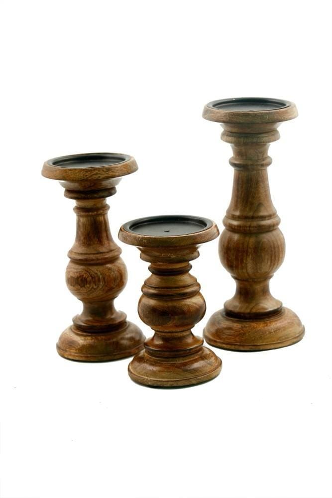 Benzara Natural Wooden Finish Pillar Shaped Candleholder Set of 3 Brown 51536