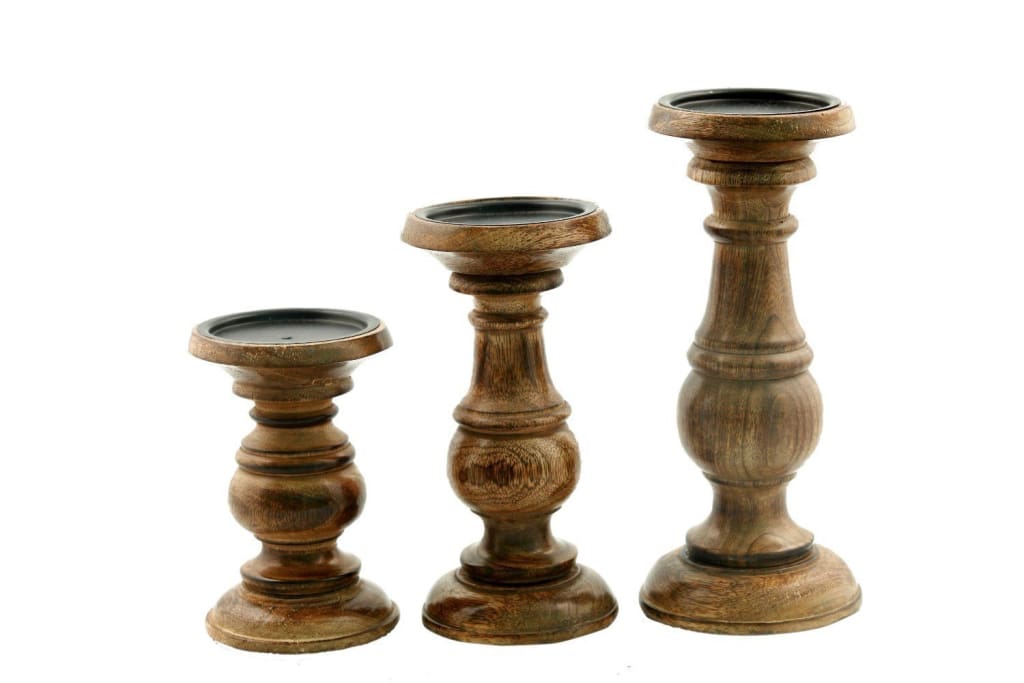 Benzara Natural Wooden Finish Pillar Shaped Candleholder Set of 3 Brown 51536