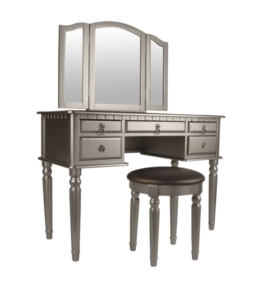 Commodious Vanity Set Featuring Stool And Mirror Silver By Poundex PDX-F4079