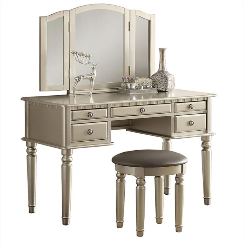 Commodious Vanity Set Featuring Stool And Mirror Silver By Poundex