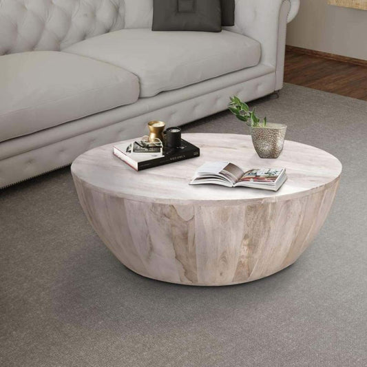 Arthur 12 Inch Round Mango Wood Coffee Table, Subtle Grains, Distressed White By the Urban Port