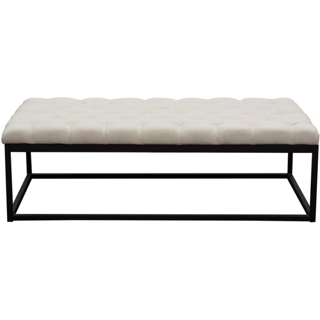 Linen Upholstered Button Tufted Bench with Open Metal Base, Large, Beige and Black - BM190838