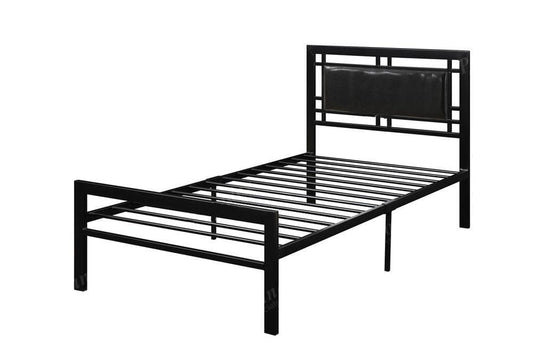 Metal Frame Twin Bed With Leather Upholstered Headboard Black