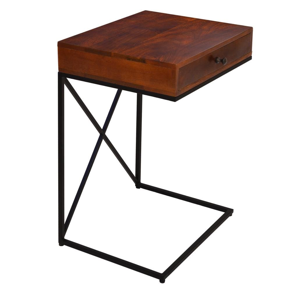 Wooden Sofa Side Table with 1 Drawer and Metal Frame Brown and Black By The Urban Port UPT-242947