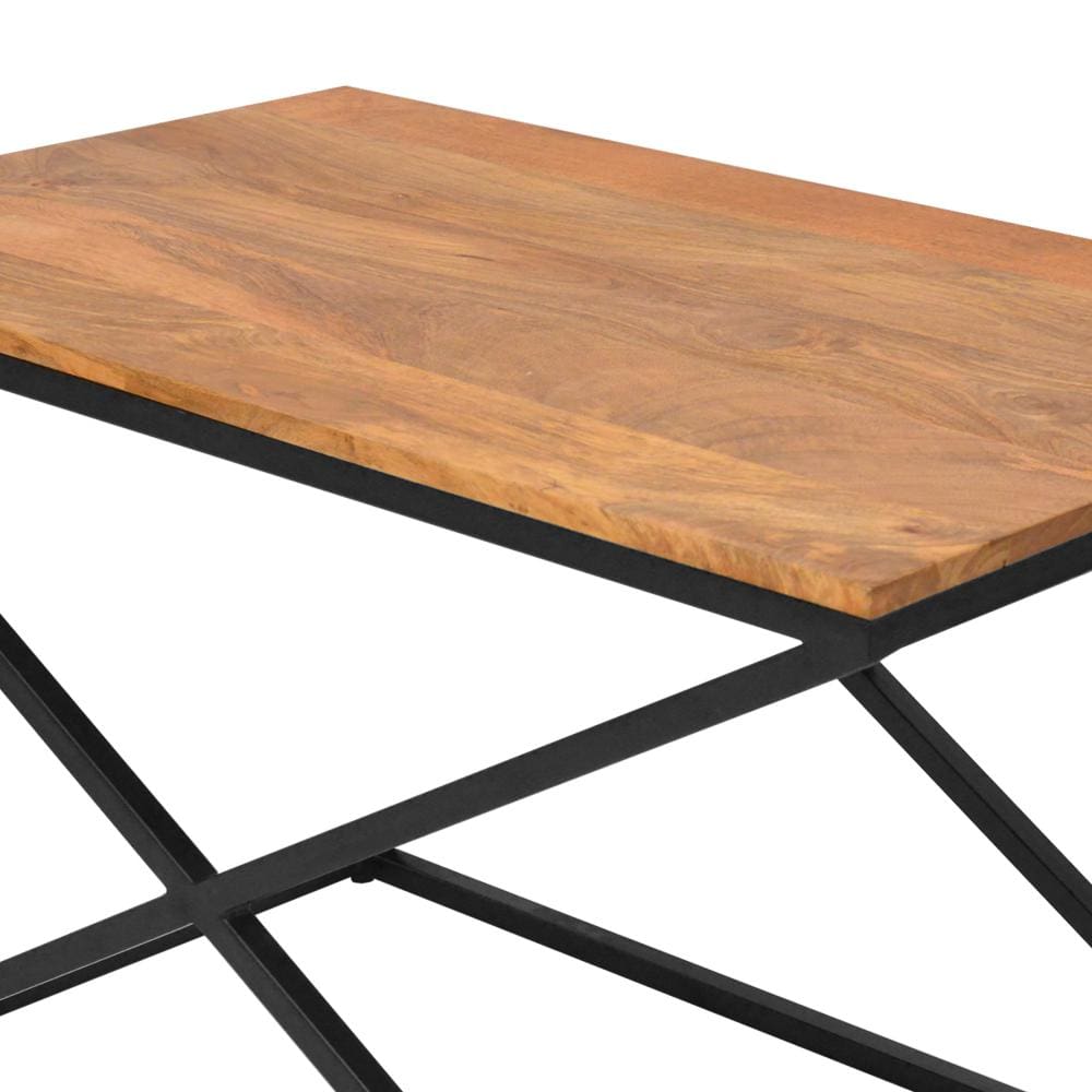 35 Inch Wooden Rectangle Coffee Table with X Shape Metal Frame Brown and Black By The Urban Port UPT-242948