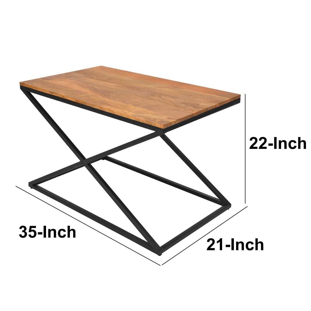 35 Inch Wooden Rectangle Coffee Table with X Shape Metal Frame Brown and Black By The Urban Port UPT-242948