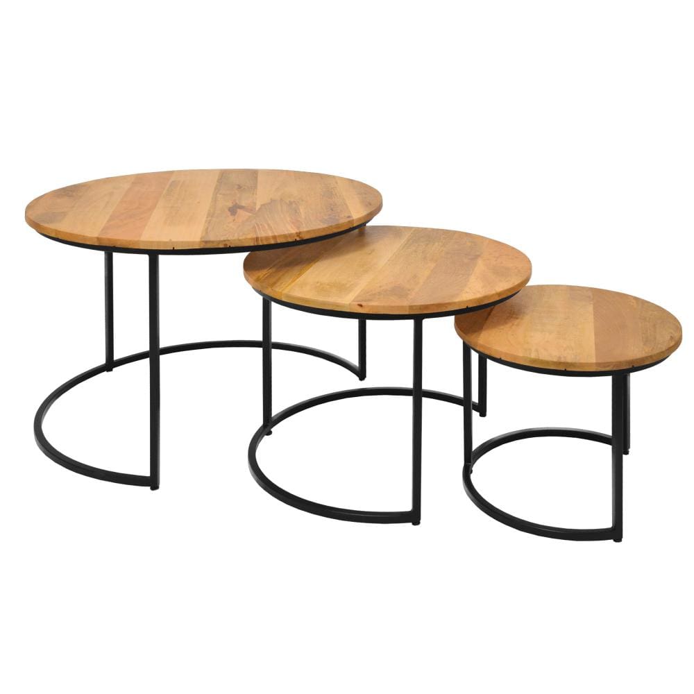 Round Wooden Nesting Coffee Table with Metal Frame Set of 3 Brown and Black By The Urban Port UPT-242949