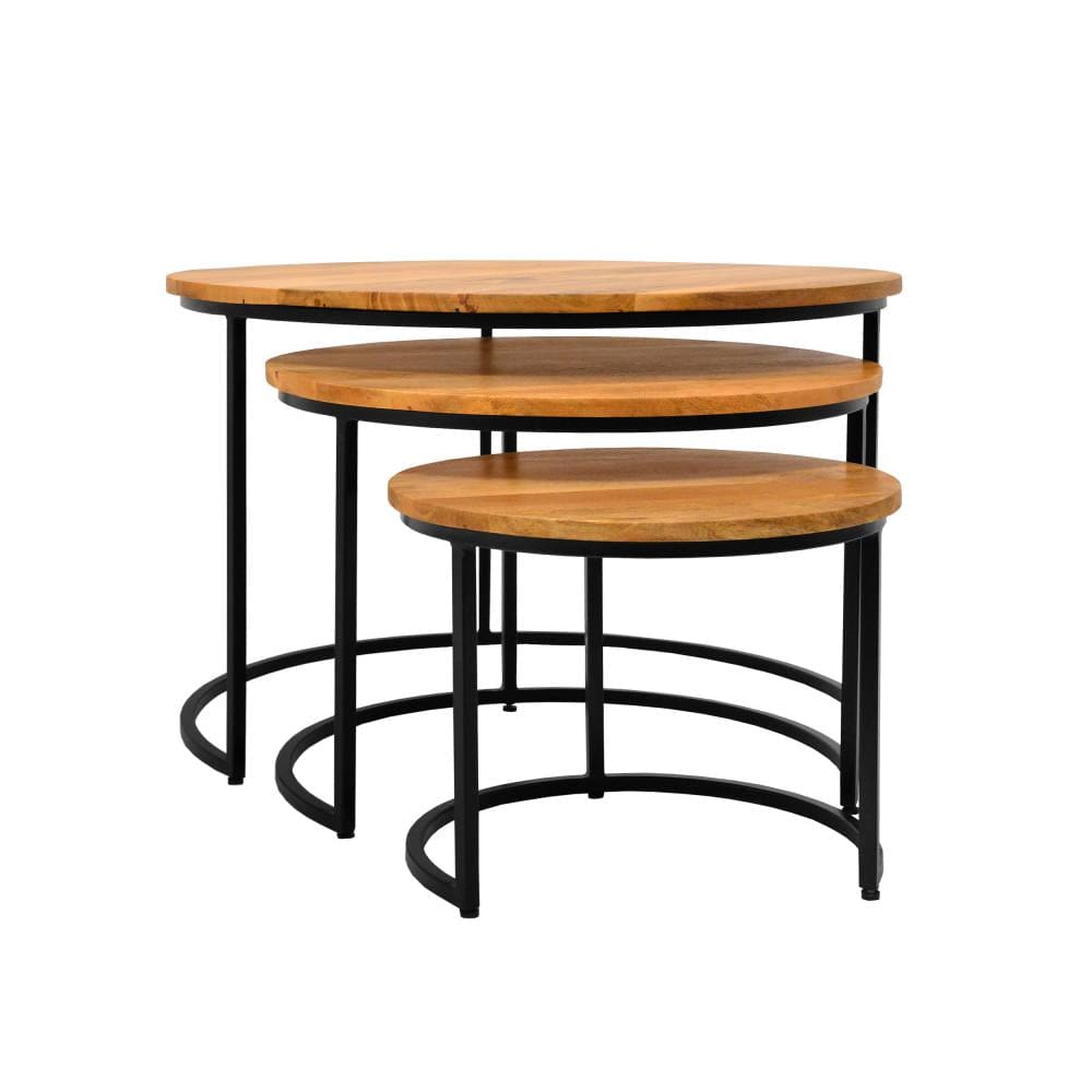 Round Wooden Nesting Coffee Table with Metal Frame Set of 3 Brown and Black By The Urban Port UPT-242949