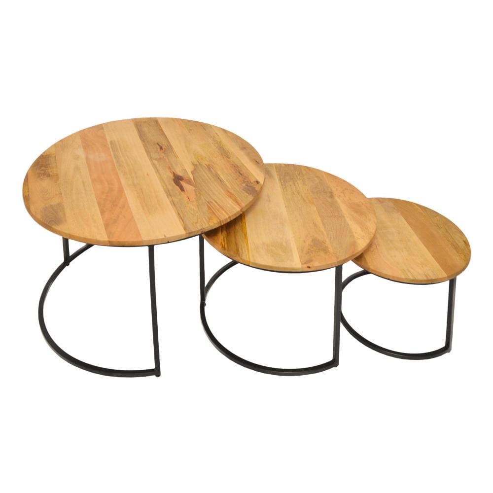 Round Wooden Nesting Coffee Table with Metal Frame Set of 3 Brown and Black By The Urban Port UPT-242949