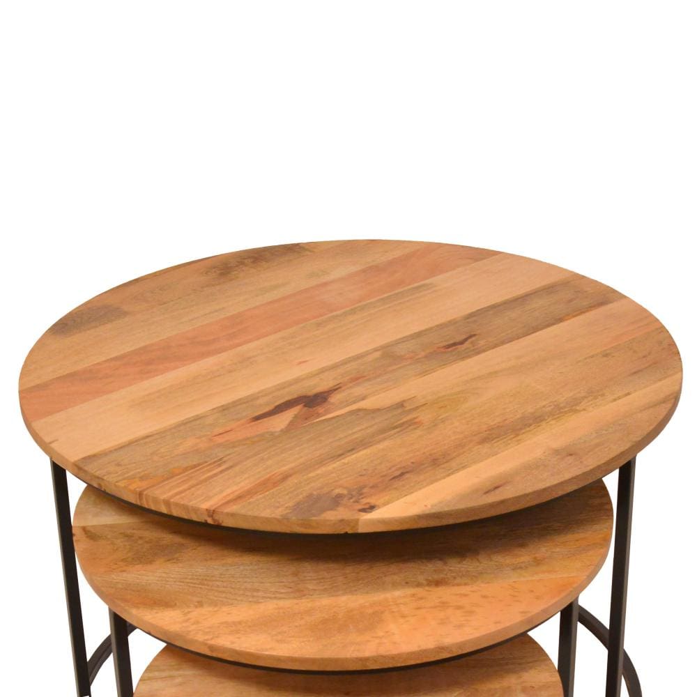 Round Wooden Nesting Coffee Table with Metal Frame Set of 3 Brown and Black By The Urban Port UPT-242949