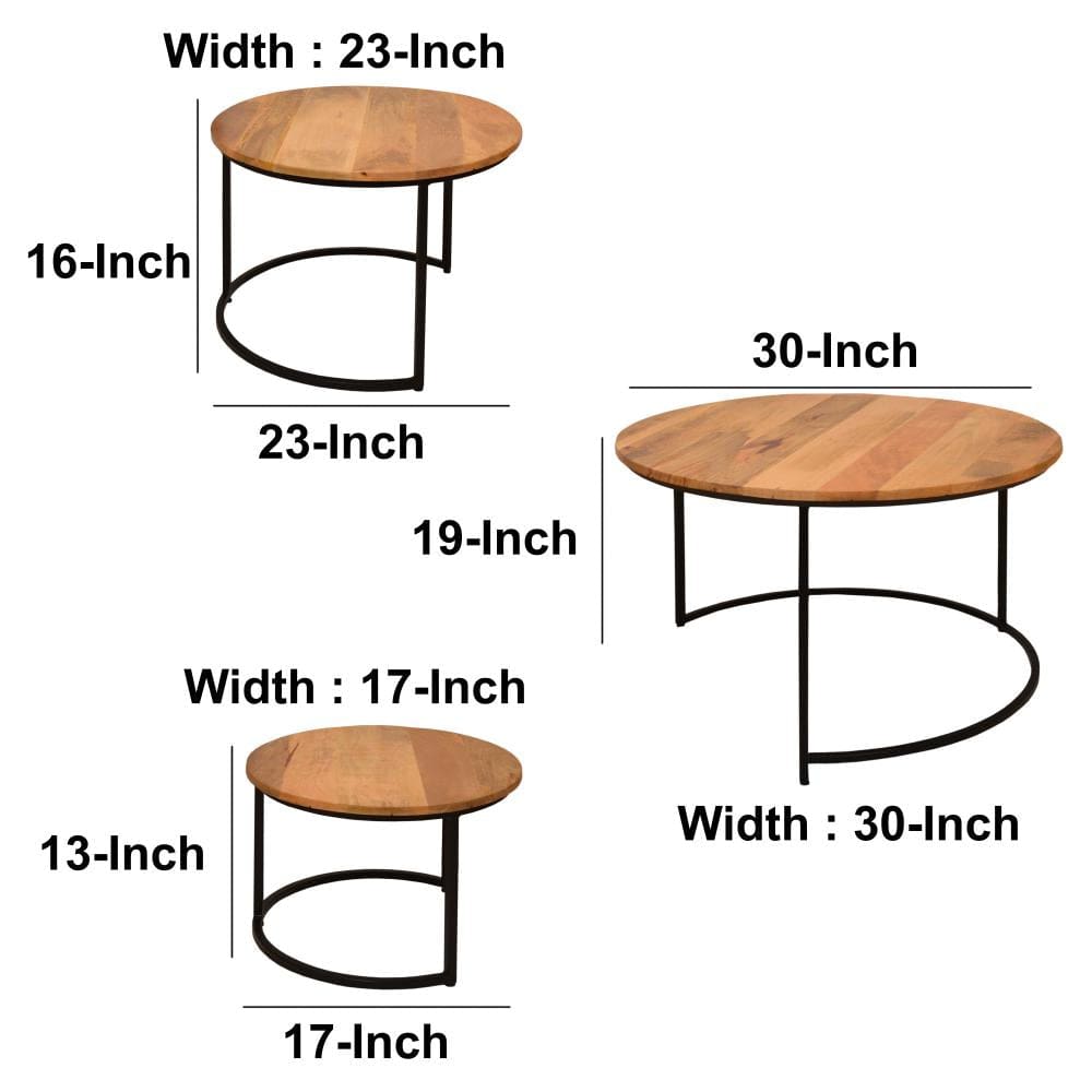 Round Wooden Nesting Coffee Table with Metal Frame Set of 3 Brown and Black By The Urban Port UPT-242949