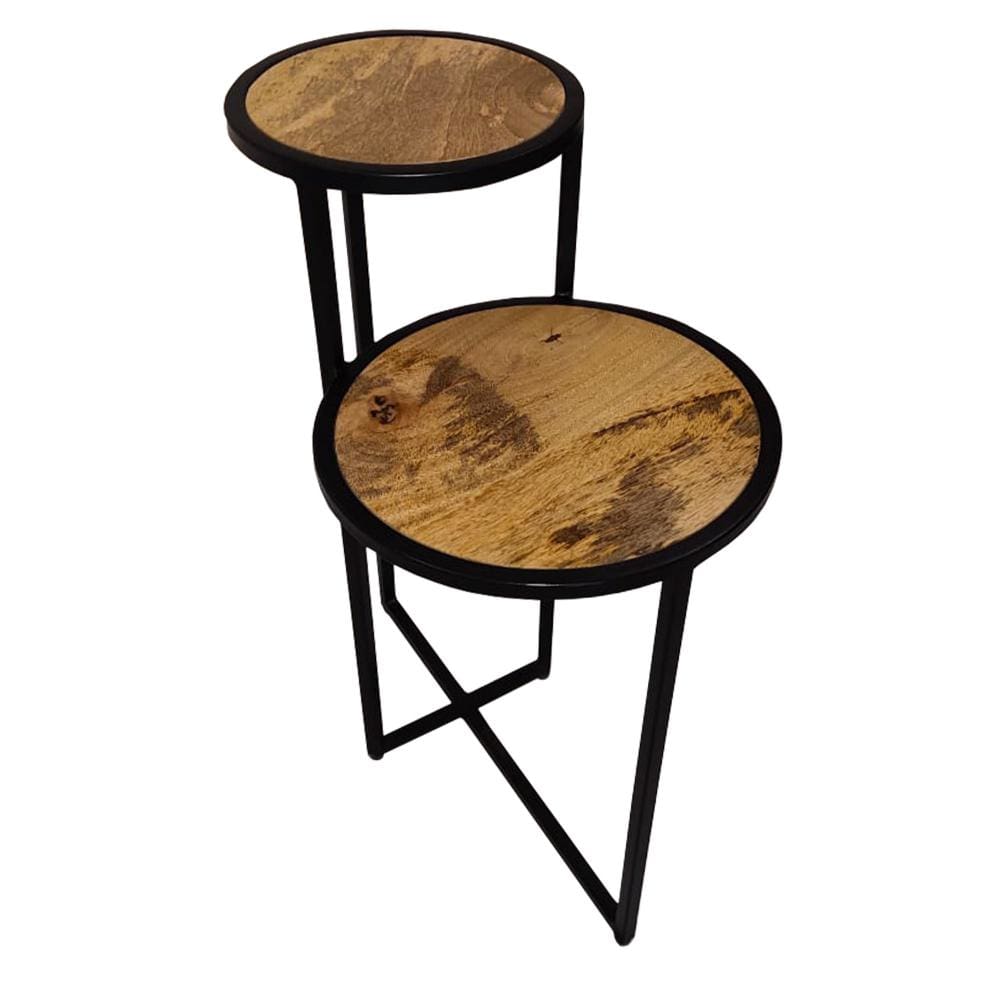 Two Tier Round Wooden Side Table with Metal Frame Brown and Brass By The Urban Port UPT-242952