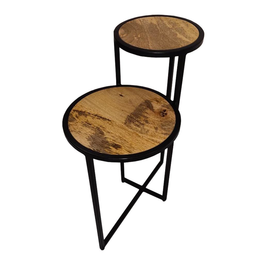 Two Tier Round Wooden Side Table with Metal Frame Brown and Brass By The Urban Port UPT-242952