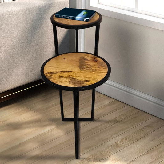 Two Tier Round Wooden Side Table with Metal Frame, Brown and Brass By The Urban Port