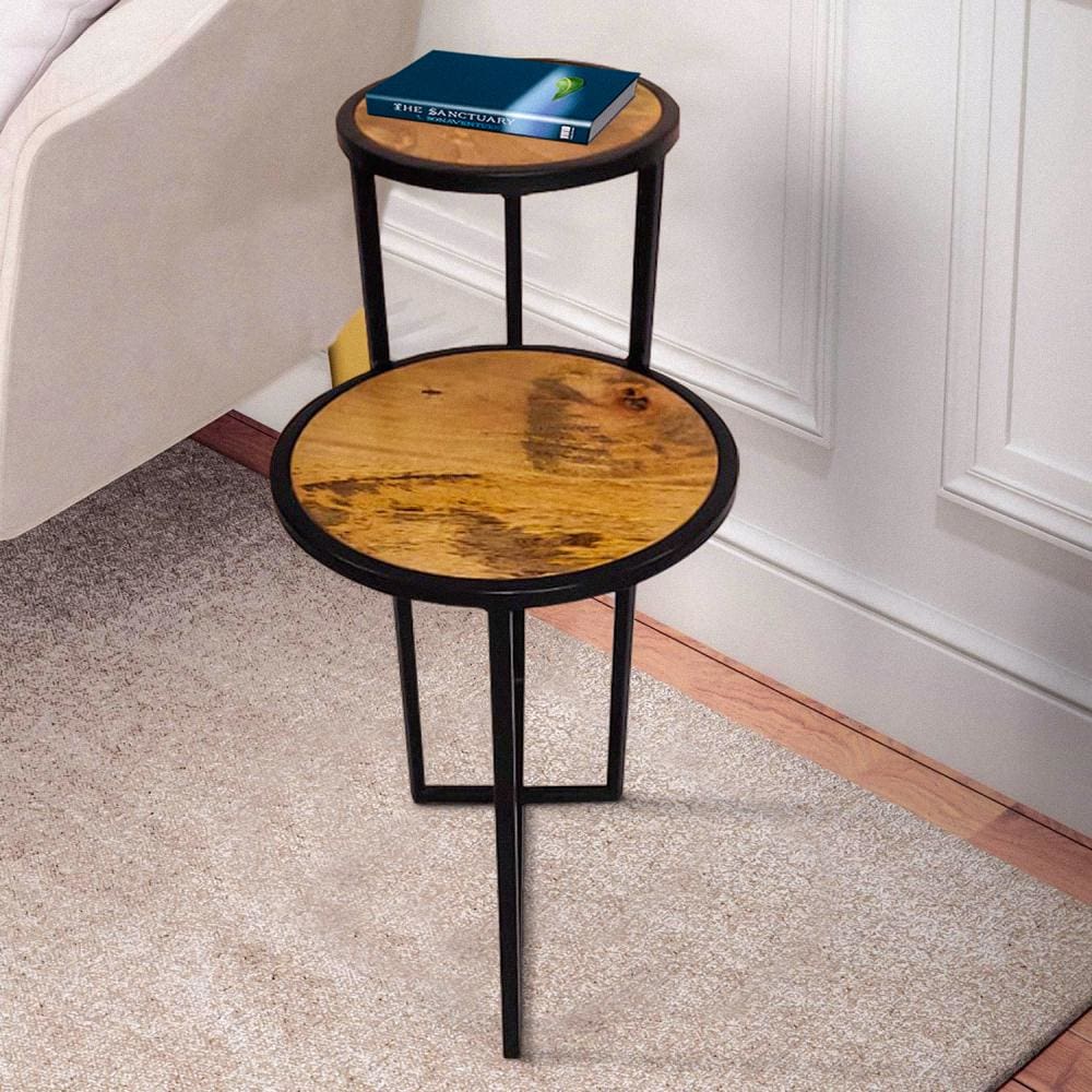 Two Tier Round Wooden Side Table with Metal Frame Brown and Brass By The Urban Port UPT-242952