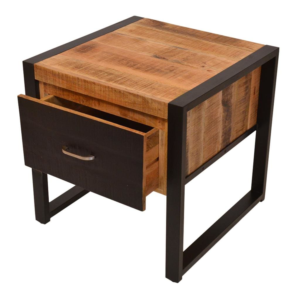 24 Inch Single Drawer Wooden Side Table with Metal Frame Brown and Black By The Urban Port UPT-242953