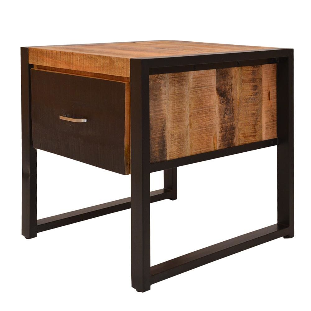 24 Inch Single Drawer Wooden Side Table with Metal Frame Brown and Black By The Urban Port UPT-242953