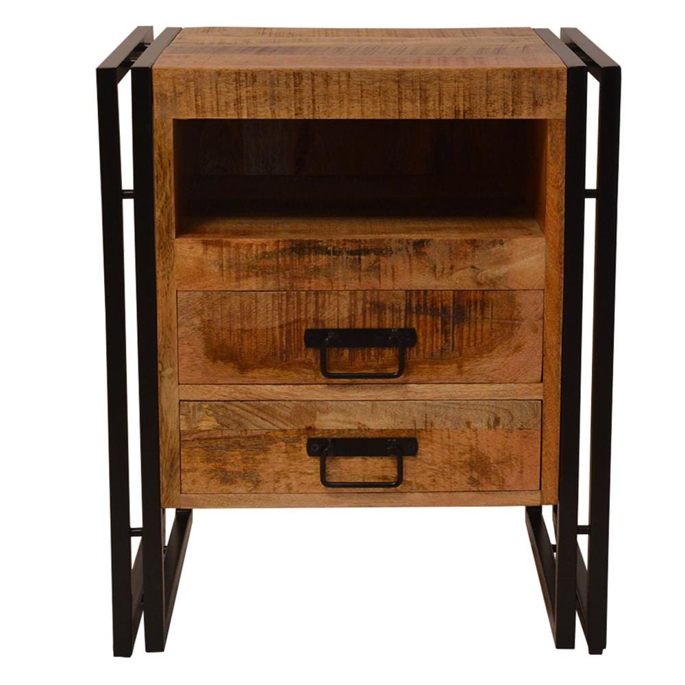 2 Drawer Wooden Farmhouse Side Table with Open Cubby and Metal Frame Brown and Black By The Urban Port UPT-242955