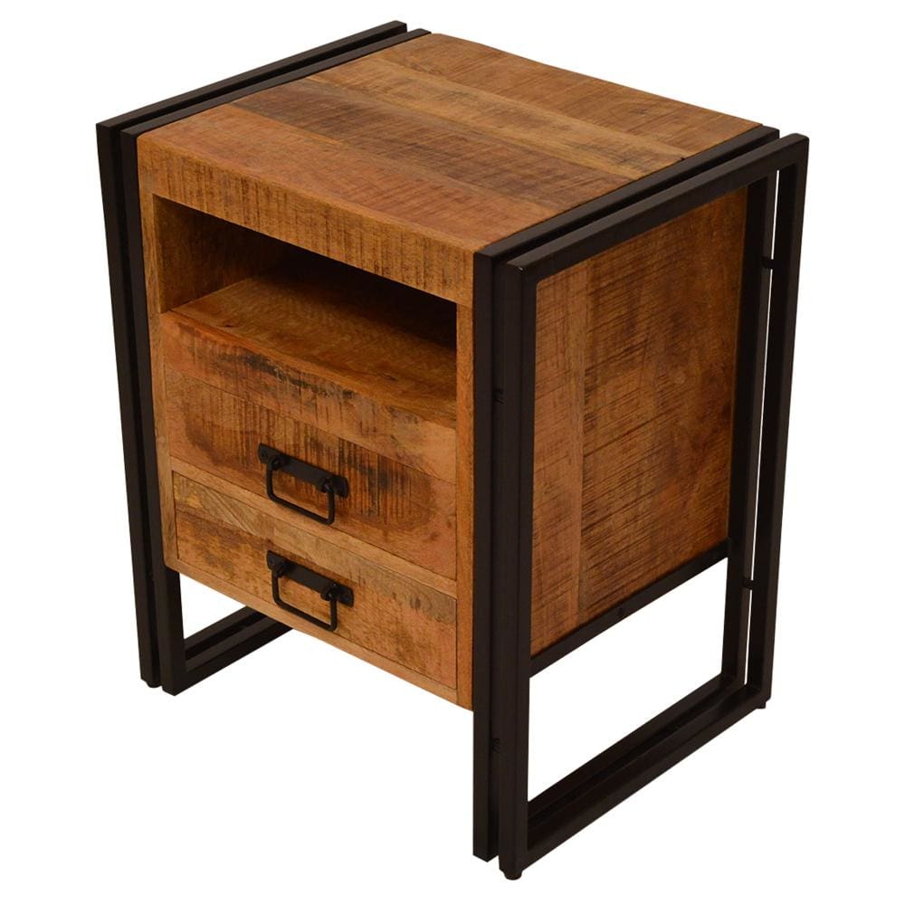 2 Drawer Wooden Farmhouse Side Table with Open Cubby and Metal Frame Brown and Black By The Urban Port UPT-242955