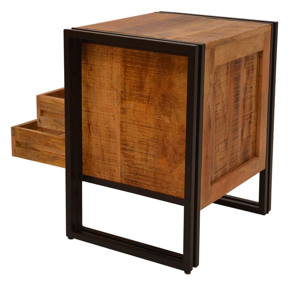 2 Drawer Wooden Farmhouse Side Table with Open Cubby and Metal Frame Brown and Black By The Urban Port UPT-242955