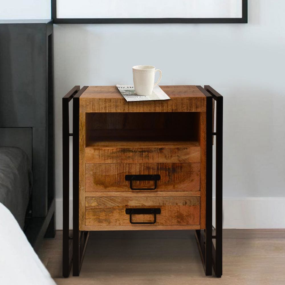 2 Drawer Wooden Farmhouse Side Table with Open Cubby and Metal Frame Brown and Black By The Urban Port UPT-242955