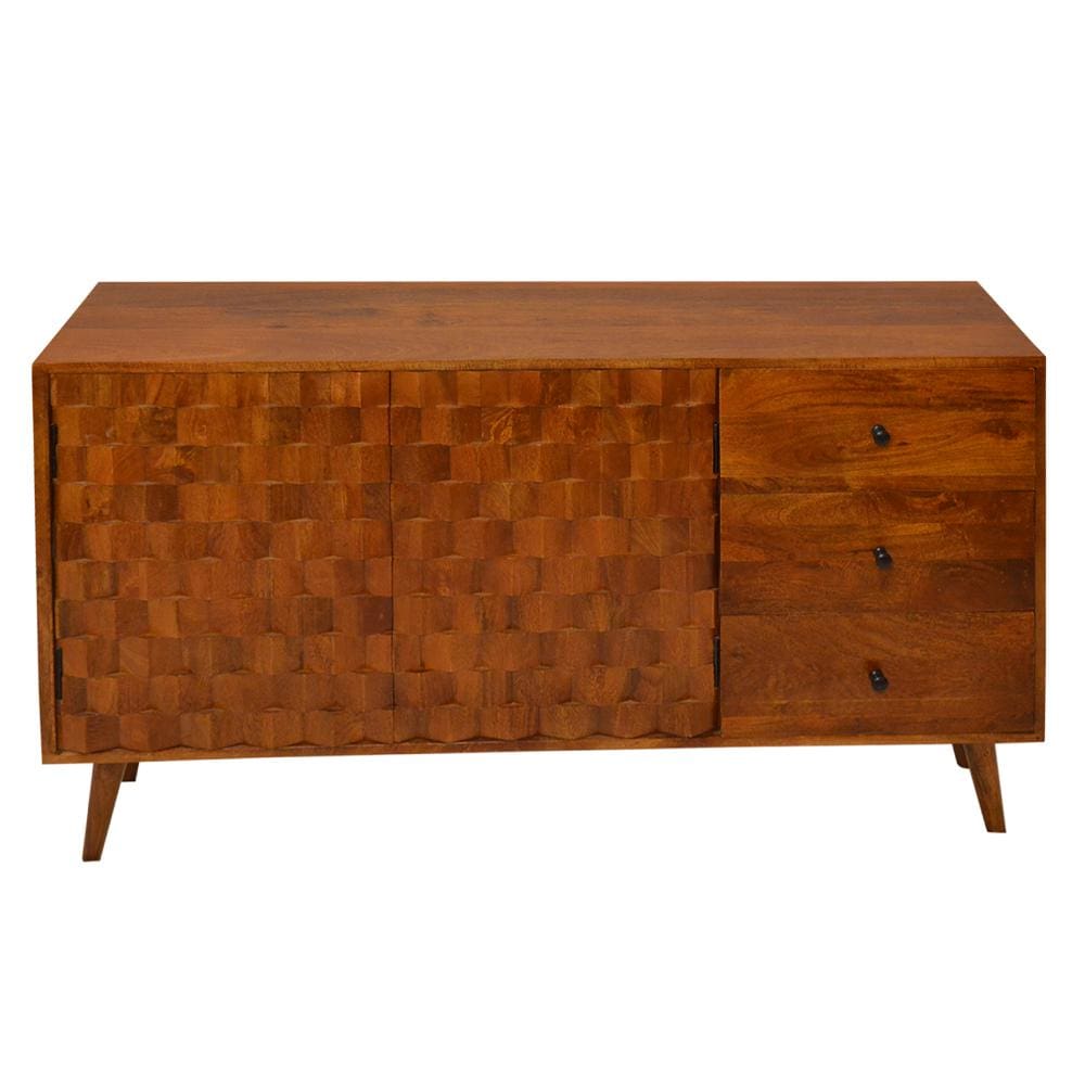 2 Door Wooden TV Console with 3 Drawers and Honeycomb Design Walnut Brown By The Urban Port UPT-242956