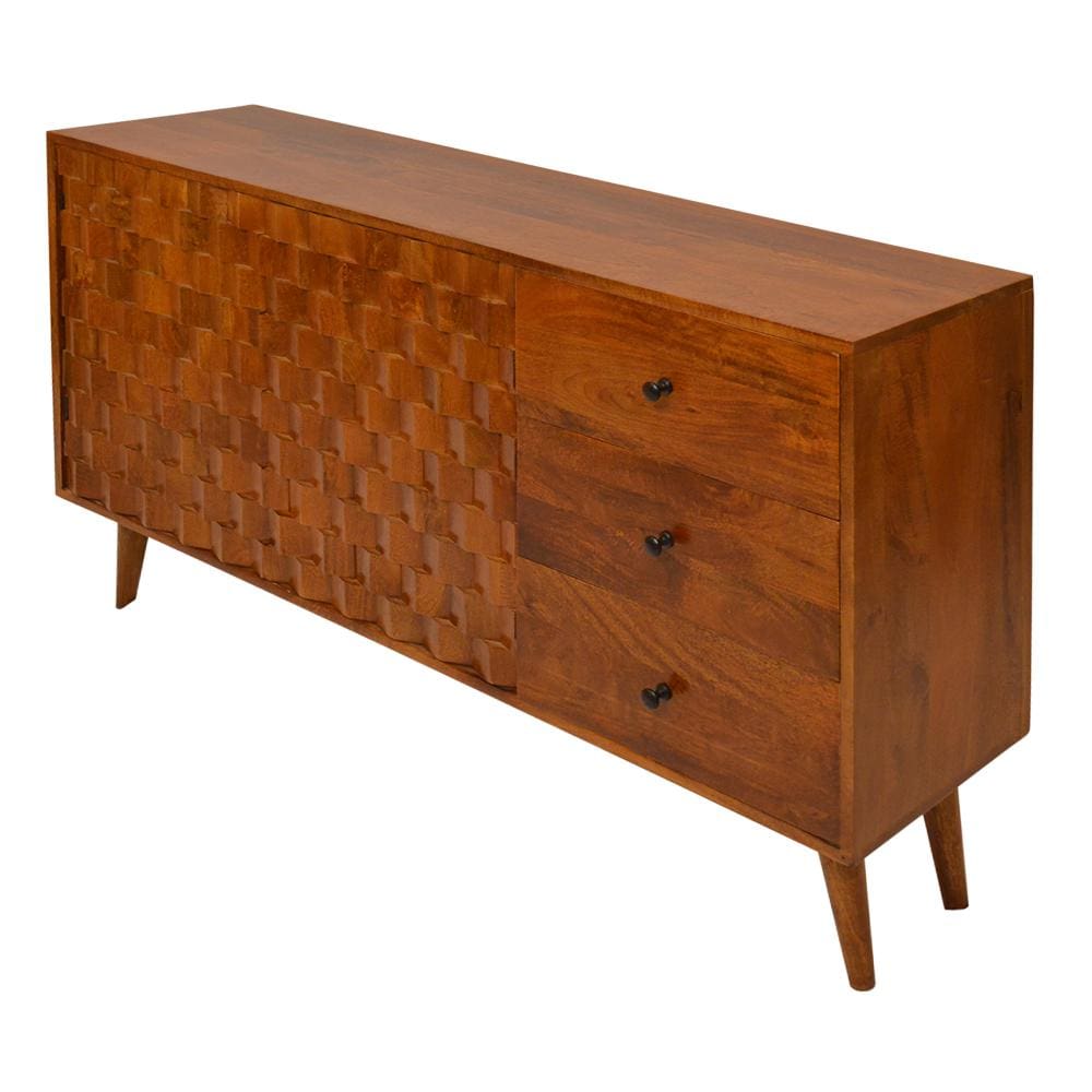 2 Door Wooden TV Console with 3 Drawers and Honeycomb Design Walnut Brown By The Urban Port UPT-242956