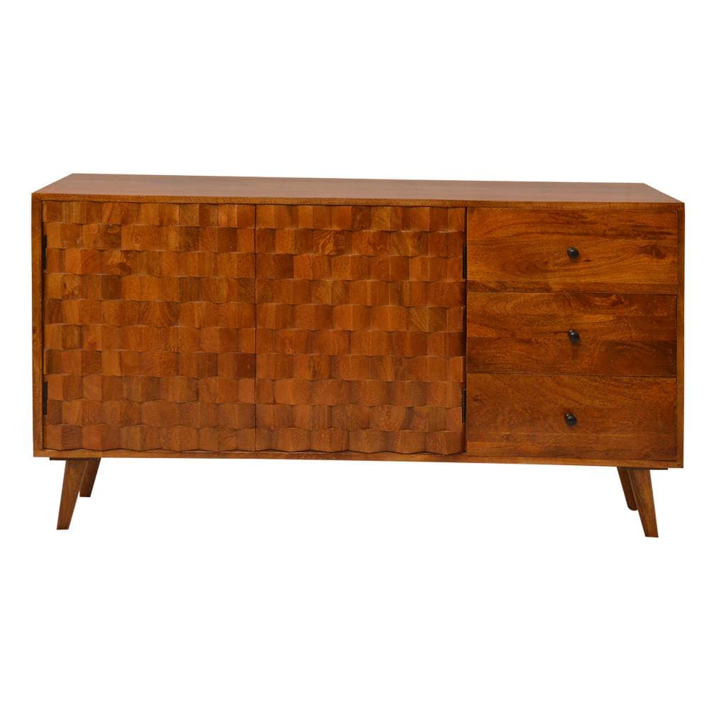 2 Door Wooden TV Console with 3 Drawers and Honeycomb Design Walnut Brown By The Urban Port UPT-242956