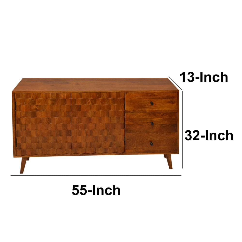 2 Door Wooden TV Console with 3 Drawers and Honeycomb Design Walnut Brown By The Urban Port UPT-242956