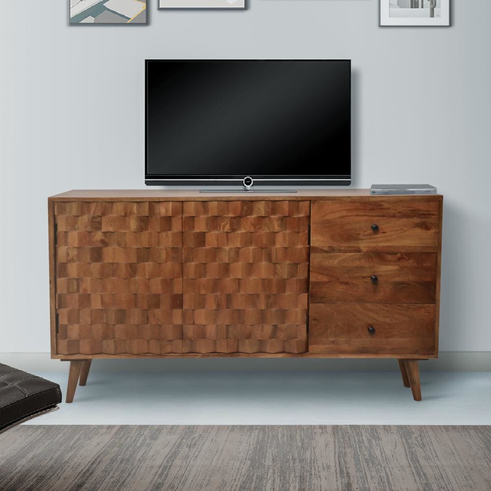 2 Door Wooden TV Console with 3 Drawers and Honeycomb Design Walnut Brown By The Urban Port UPT-242956