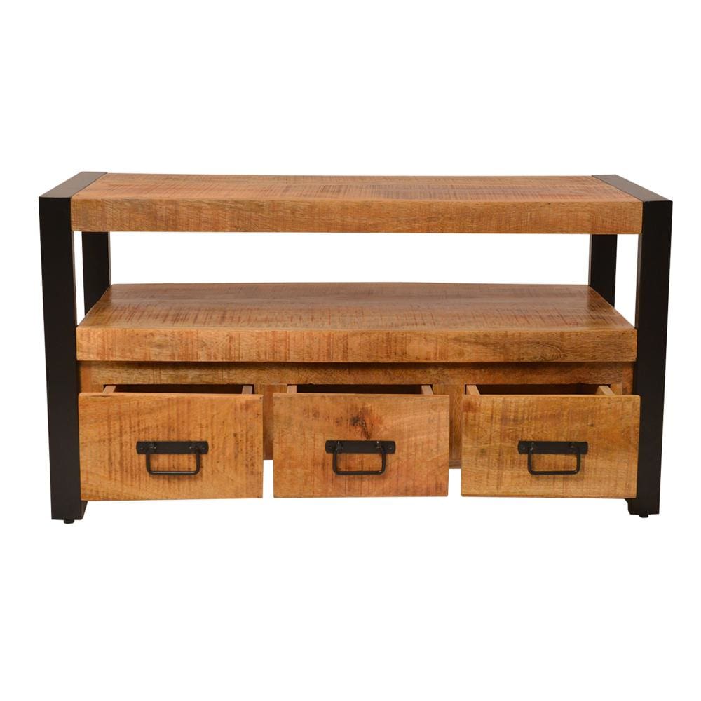 3 Drawer Wooden Farmhouse Coffee Table with Open Shelf and Metal Frame Brown and Black By The Urban Port UPT-242959