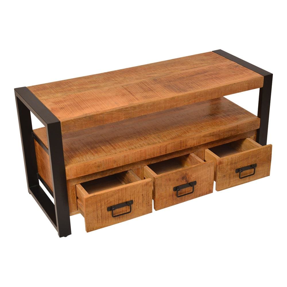 3 Drawer Wooden Farmhouse Coffee Table with Open Shelf and Metal Frame Brown and Black By The Urban Port UPT-242959