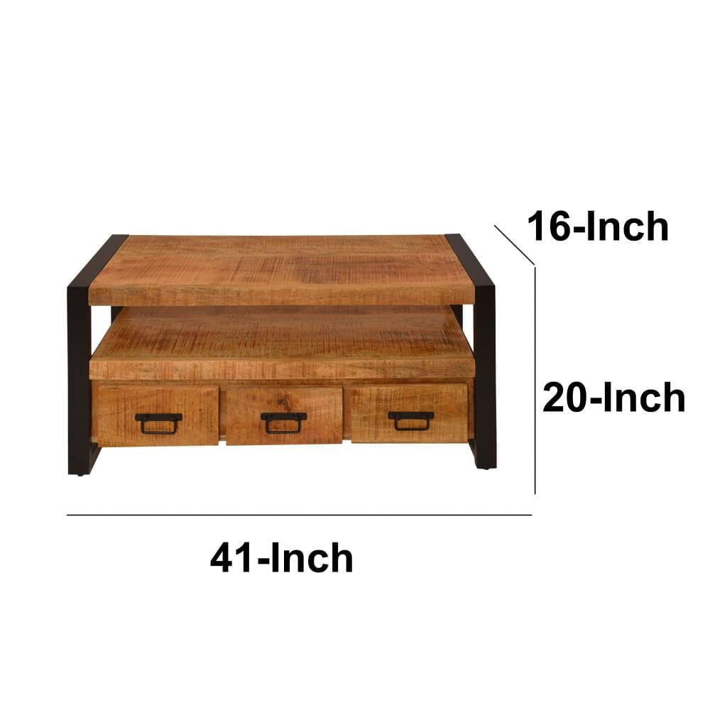 3 Drawer Wooden Farmhouse Coffee Table with Open Shelf and Metal Frame Brown and Black By The Urban Port UPT-242959