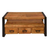 3 Drawer Wooden Farmhouse Coffee Table with Open Shelf and Metal Frame Brown and Black By The Urban Port UPT-242959