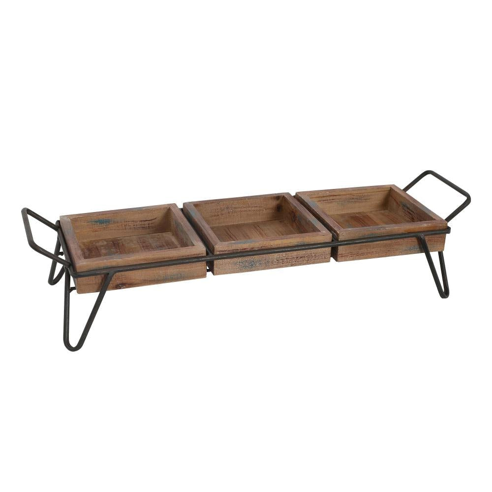 Artisinal Wood Serving Tray 3 Seperate Sections and Metal Frame Brown Black By The Urban Port UPT-250431