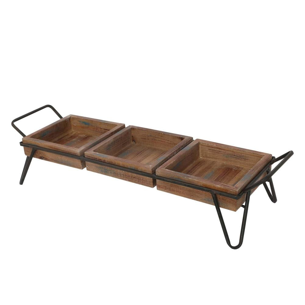 Artisinal Wood Serving Tray 3 Seperate Sections and Metal Frame Brown Black By The Urban Port UPT-250431