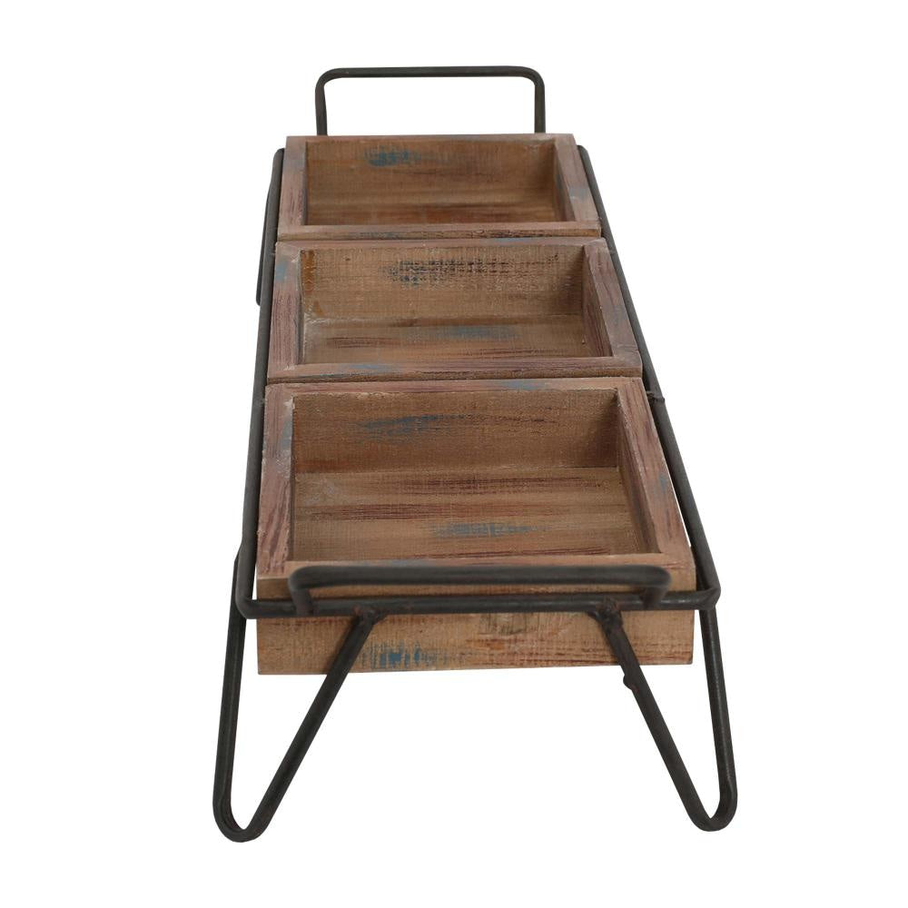 Artisinal Wood Serving Tray 3 Seperate Sections and Metal Frame Brown Black By The Urban Port UPT-250431