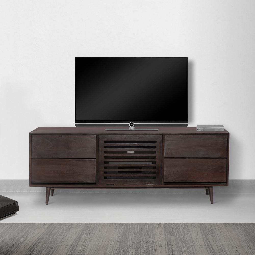 64 Inch TV Cabinet with 4 Drawers and Wooden Frame, Walnut Brown By The Urban Port