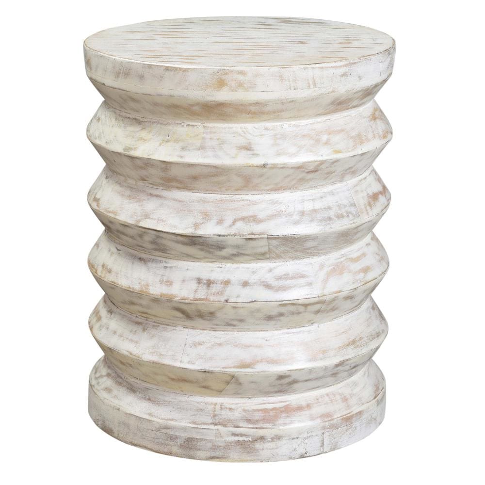 Round End Table with Spring Design Wooden Frame and Round Top Washed White By The Urban Port UPT-263259