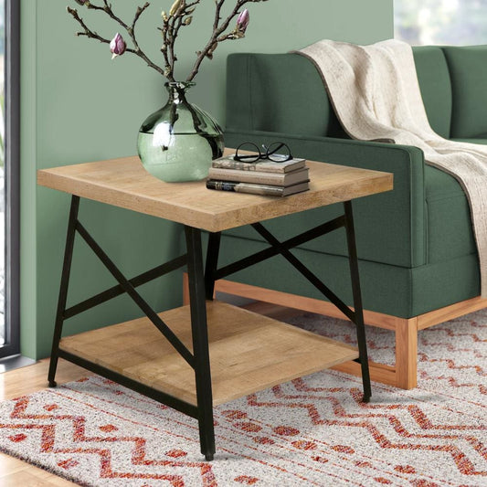 Rectangle Side Table with Open Bottom Shelf and Metal Legs, Brown and Gray By The Urban Port