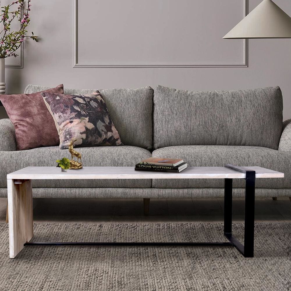 Farmhouse Rectangular Coffee Table with Wooden Top and Geometric Metal Frame Gray and Black By The Urban Port UPT-263595