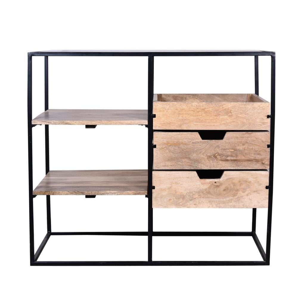 35 Inch Glass Top Rectangular Writing Desk 3 Drawers Metal Frame Natural Brown and Black By The Urban Port UPT-263596