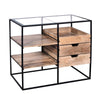 35 Inch Glass Top Rectangular Writing Desk 3 Drawers Metal Frame Natural Brown and Black By The Urban Port UPT-263596